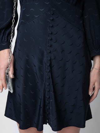 Robe Rhodri Soie - Robe courte en soie bleue marine à jacquard ailes, boutonnée et à manches longues.