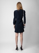 Rhodri Silk Jacquard Dress - Short navy blue silk dress with jacquard wings, button closure and 3/4-length sleeves.