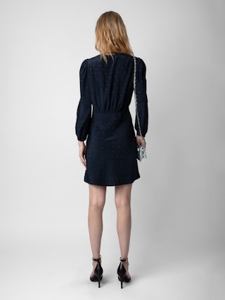 Robe Rhodri Soie - Robe courte en soie bleue marine à jacquard ailes, boutonnée et à manches longues.