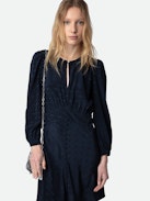 Rhodri Silk Jacquard Dress - Short navy blue silk dress with jacquard wings, button closure and 3/4-length sleeves.