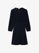 Rhodri Silk Jacquard Dress - Short navy blue silk dress with jacquard wings, button closure and 3/4-length sleeves.