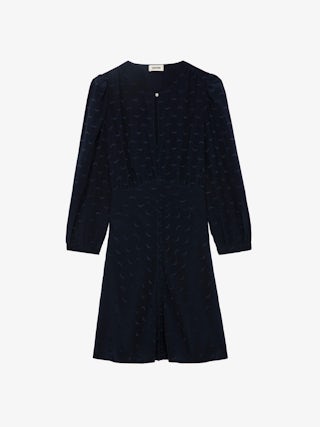 Robe Rhodri Soie - Robe courte en soie bleue marine à jacquard ailes, boutonnée et à manches longues.