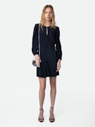 Rhodri Silk Jacquard Dress - Short navy blue silk dress with jacquard wings, button closure and 3/4-length sleeves.