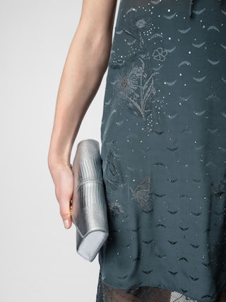 Robe Calissa Soie - Robe courte esprit lingerie en soie grise à jacquard ailes, strass, dentelle et liens à nouer.