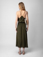Abito Rixi 100% Seta Jacquard - Abito lungo in stile lingerie di seta kaki con ali in jacquard, gonna asimmetrica e pizzo.