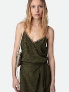 Abito Rixi 100% Seta Jacquard - Abito lungo in stile lingerie di seta kaki con ali in jacquard, gonna asimmetrica e pizzo.