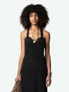 Robe Rif Wings Soie Jacquard - Robe longue esprit lingerie en soie noire à jacquard ailes, dos nageur plongeant et bords en dentelle.
