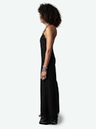 Robe Rif Wings Soie Jacquard - Robe longue esprit lingerie en soie noire à jacquard ailes, dos nageur plongeant et bords en dentelle.