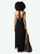 Robe Rif Wings Soie Jacquard - Robe longue esprit lingerie en soie noire à jacquard ailes, dos nageur plongeant et bords en dentelle.