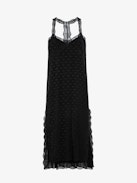 Robe Rif Wings Soie Jacquard - Robe longue esprit lingerie en soie noire à jacquard ailes, dos nageur plongeant et bords en dentelle.
