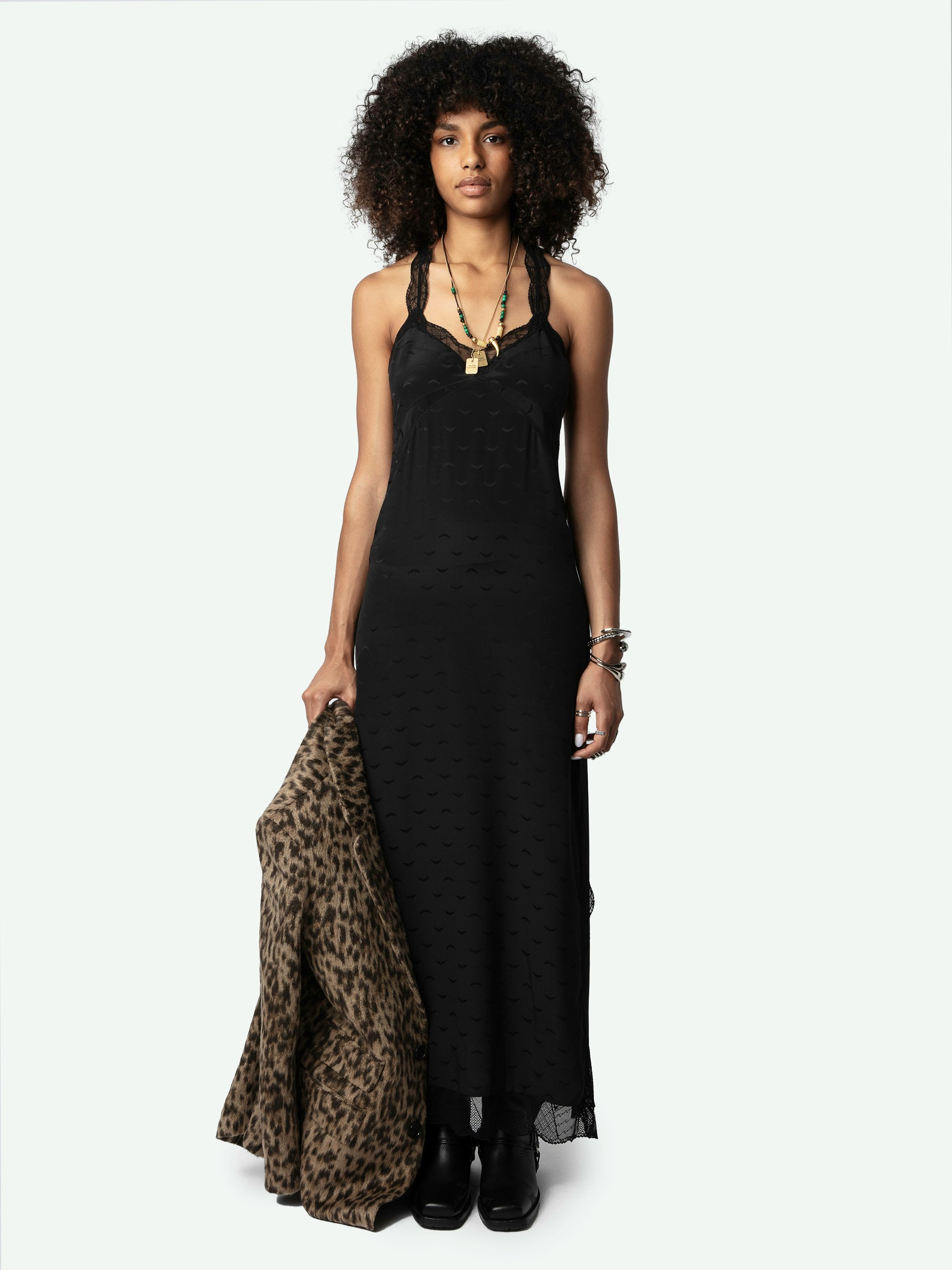 Rif Wings Silk Jacquard Dress - Lingerie-style maxi dress in black silk with jacquard wings, plunging racerback and lace trim.
