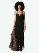 Robe Rif Wings Soie Jacquard - Robe longue esprit lingerie en soie noire à jacquard ailes, dos nageur plongeant et bords en dentelle.