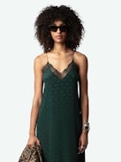 Risty Wings Silk Jacquard Dress - Dark green silk lingerie-style maxi dress with jacquard wings, thin straps and lace-trimmed neckline.