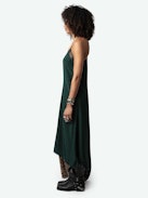 Risty Wings Silk Jacquard Dress - Dark green silk lingerie-style maxi dress with jacquard wings, thin straps and lace-trimmed neckline.