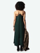 Risty Wings Silk Jacquard Dress - Dark green silk lingerie-style maxi dress with jacquard wings, thin straps and lace-trimmed neckline.