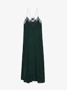 Risty Wings Silk Jacquard Dress - Dark green silk lingerie-style maxi dress with jacquard wings, thin straps and lace-trimmed neckline.