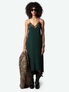 Risty Wings Silk Jacquard Dress - Dark green silk lingerie-style maxi dress with jacquard wings, thin straps and lace-trimmed neckline.