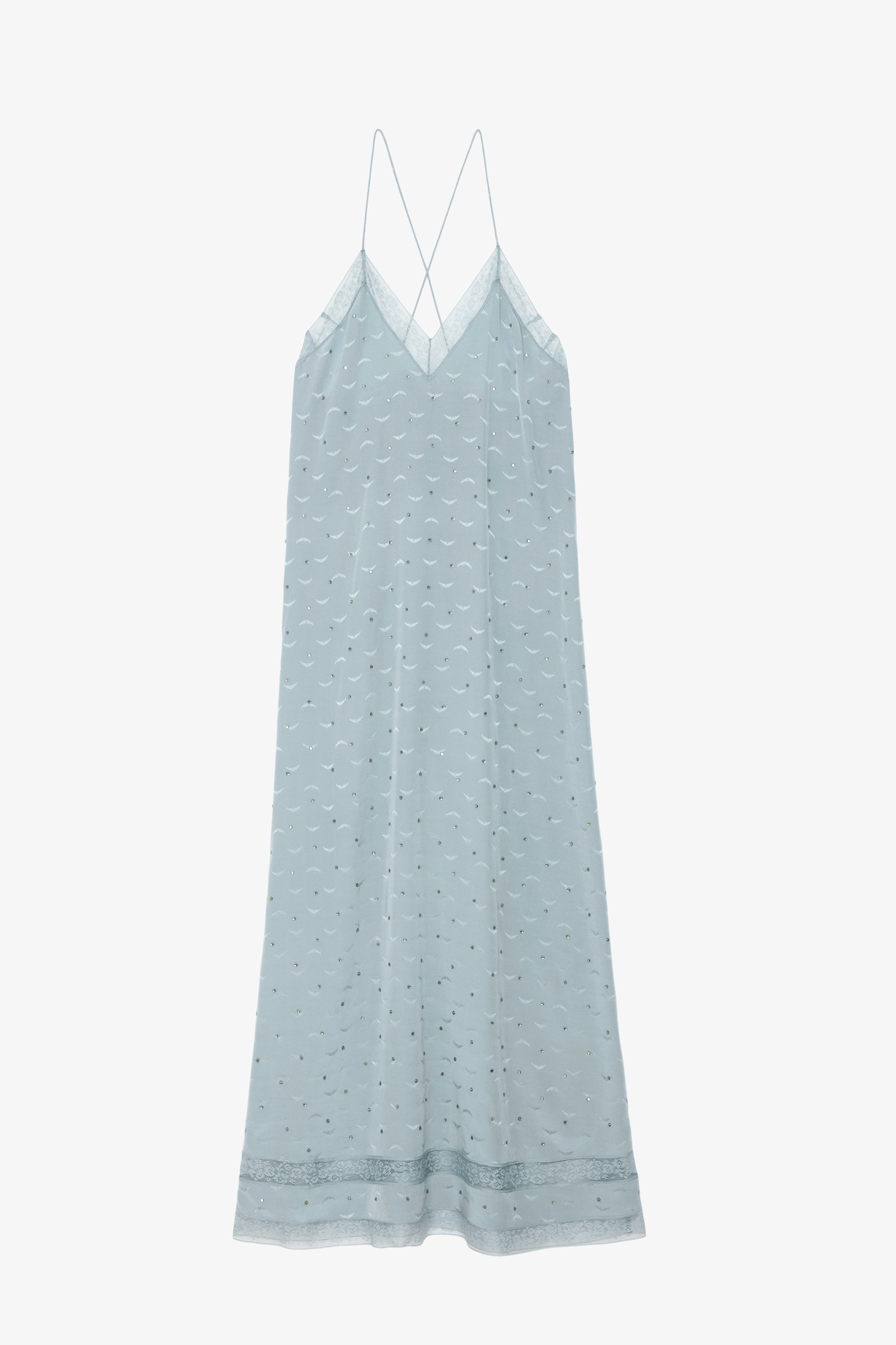 Reman Silk Jacquard Dress - Sky blue silk lingerie-style long dress with jacquard wings, diamanté, lace and tie at the back.