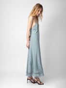 Robe Reman Soie Jacquard - Robe longue esprit lingerie en soie bleue ciel à jacquard ailes, strass, dentelle et nouée au dos.