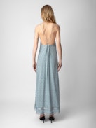 Robe Reman Soie Jacquard - Robe longue esprit lingerie en soie bleue ciel à jacquard ailes, strass, dentelle et nouée au dos.
