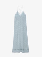 Robe Reman Soie Jacquard - Robe longue esprit lingerie en soie bleue ciel à jacquard ailes, strass, dentelle et nouée au dos.