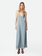 Robe Reman Soie Jacquard - Robe longue esprit lingerie en soie bleue ciel à jacquard ailes, strass, dentelle et nouée au dos.