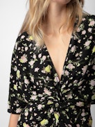 Rozom Soft Crinkle Roses Dress - Women’s black floral-print silk dress with knot and draping at the waist.