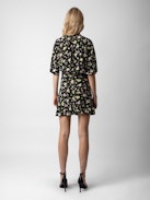 Rozom Soft Crinkle Roses Dress - Women’s black floral-print silk dress with knot and draping at the waist.