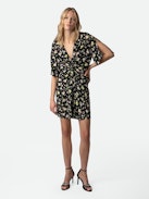 Rozom Soft Crinkle Roses Dress - Women’s black floral-print silk dress with knot and draping at the waist.