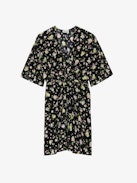 Rozom Soft Crinkle Roses Dress - Women’s black floral-print silk dress with knot and draping at the waist.