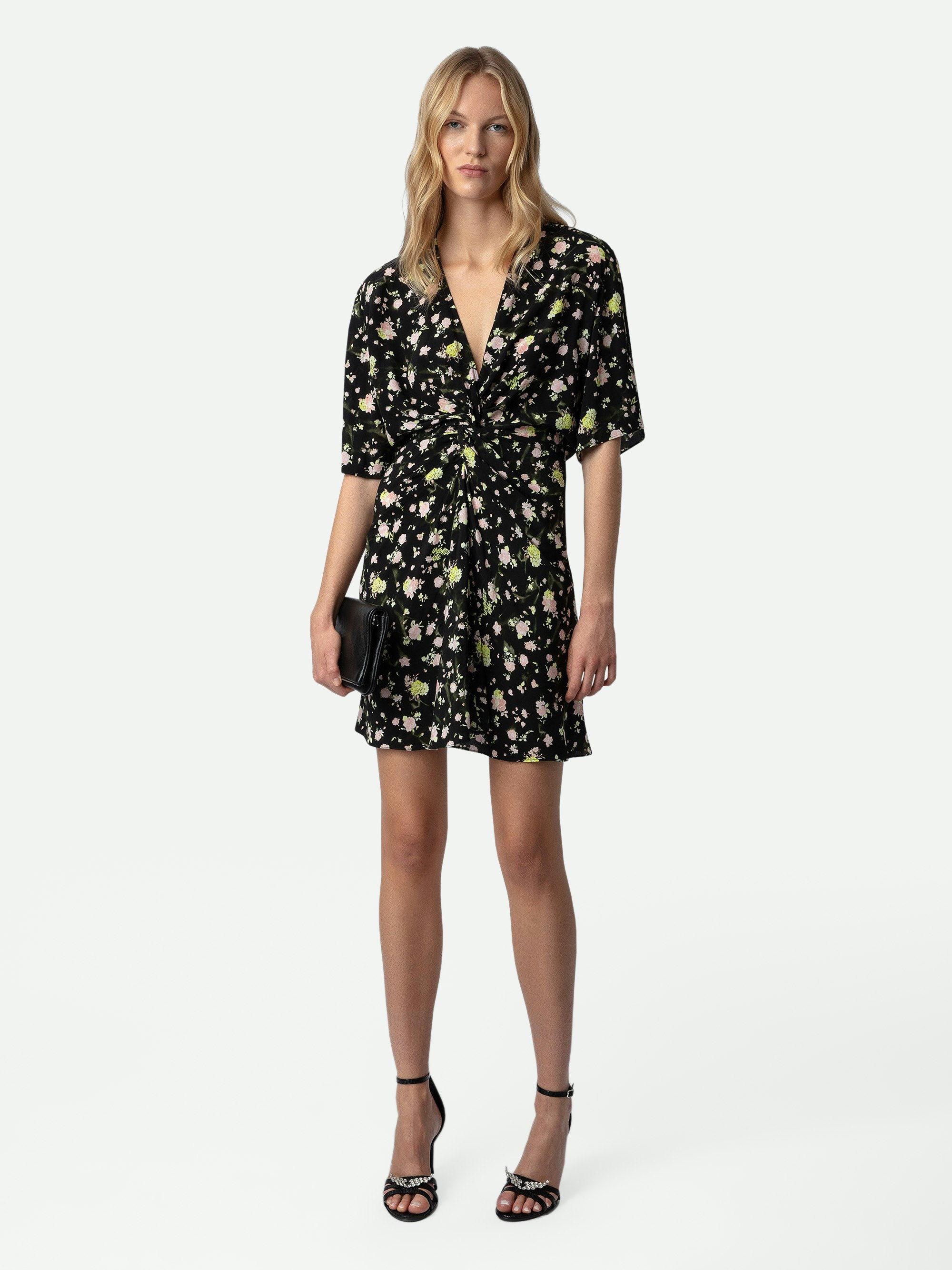 Rozom Soft Crinkle Roses Dress - Women’s black floral-print silk dress with knot and draping at the waist.