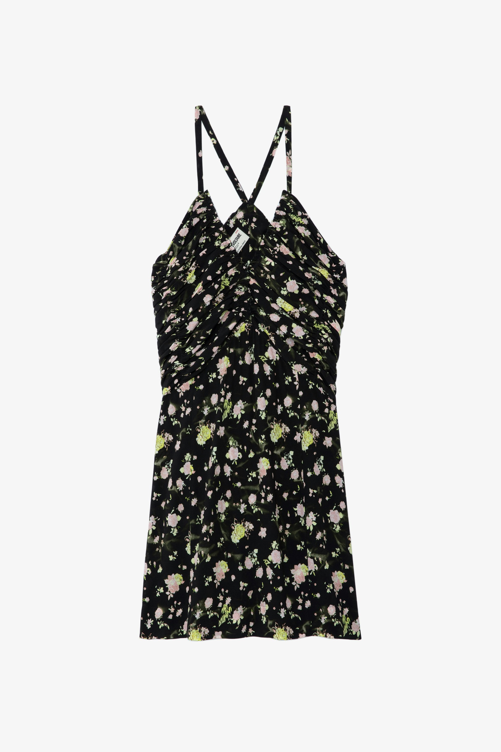 Randa Soft Crinkle Roses Dress - Women's black floral-print silk mini dress with rouched details.