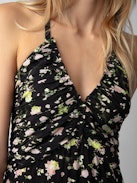 Randa Soft Crinkle Roses Dress - Women's black floral-print silk mini dress with rouched details.