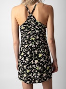 Randa Soft Crinkle Roses Dress - Women's black floral-print silk mini dress with rouched details.
