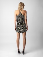Randa Soft Crinkle Roses Dress - Women's black floral-print silk mini dress with rouched details.