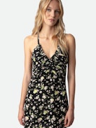 Randa Soft Crinkle Roses Dress - Women's black floral-print silk mini dress with rouched details.