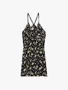 Randa Soft Crinkle Roses Dress - Women's black floral-print silk mini dress with rouched details.