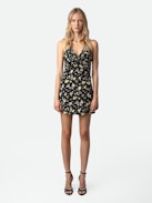 Randa Soft Crinkle Roses Dress - Women's black floral-print silk mini dress with rouched details.
