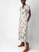 Abito Razy - Abito lungo ecru con stampa Soft Bouquet, maniche corte con spacco e gonna arricciata.