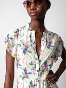 Abito Razy - Abito lungo ecru con stampa Soft Bouquet, maniche corte con spacco e gonna arricciata.