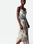 Ristyl Dress - Pale pink lingerie-style long dress with Soft Bouquet print, straps and lace trim.