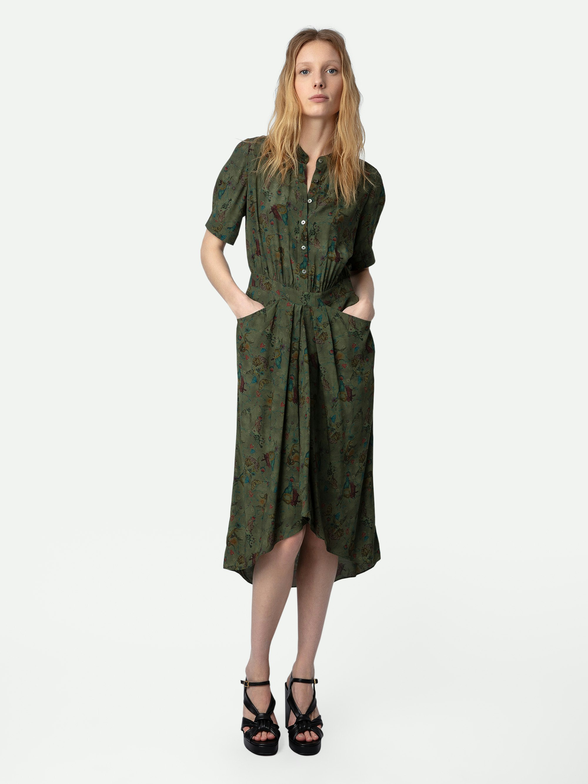 Rima Dress - Printed khaki midi dress with short sleeves and asymmetric skirt.