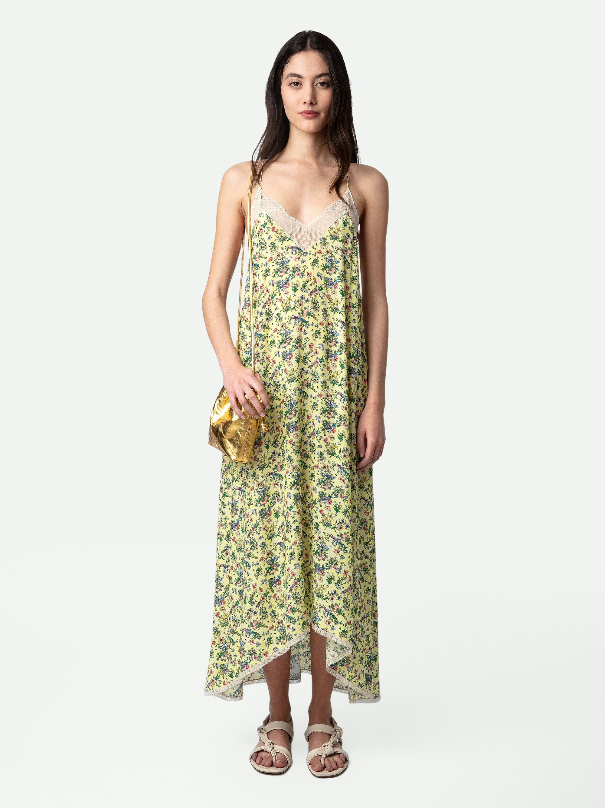 Risty Dress - Women’s long yellow floral-print silk dress.