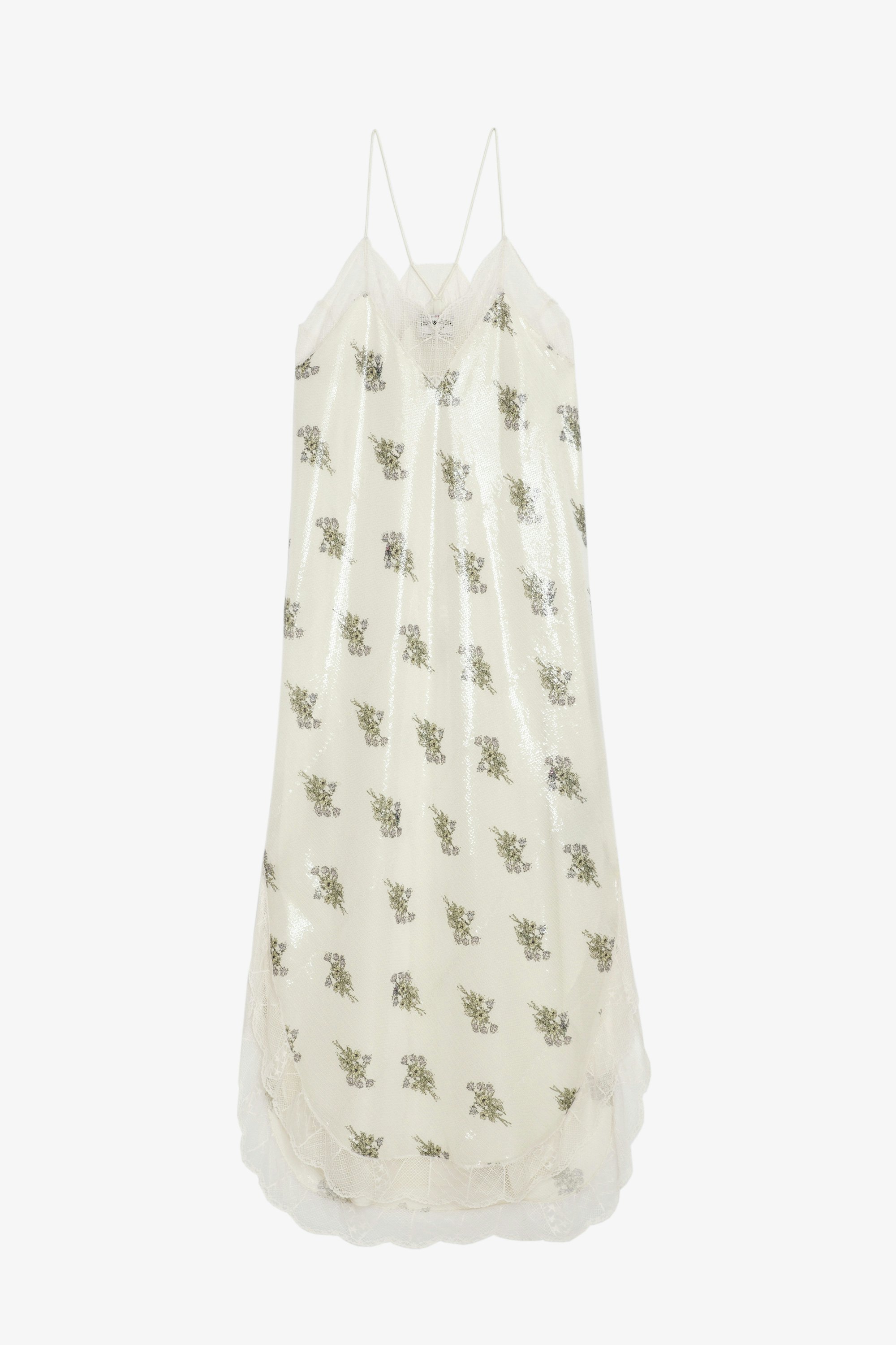 Robe Ristyl Sequins - Robe longue esprit lingerie écrue à imprimé fleuri, sequins, bretelles et bords en dentelle.