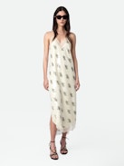 Kleid Ristyl Pailletten - Langes, ecrufarbenes Kleid im Lingerie-Stil mit Blumenprint, Pailletten, Trägern und Spitzenbordüre.