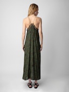 Risty Dress - Printed khaki lingerie-style long dress with thin straps and lace-trimmed neckline.