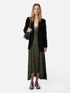 Risty Dress - Printed khaki lingerie-style long dress with thin straps and lace-trimmed neckline.