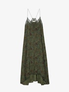 Risty Dress - Printed khaki lingerie-style long dress with thin straps and lace-trimmed neckline.