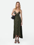 Risty Dress - Printed khaki lingerie-style long dress with thin straps and lace-trimmed neckline.