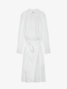 Abito Ritchil - Abito medio-lungo in voile di cotone bianco con maniche lunghe, cintura rimovibile, pizzo e volant.